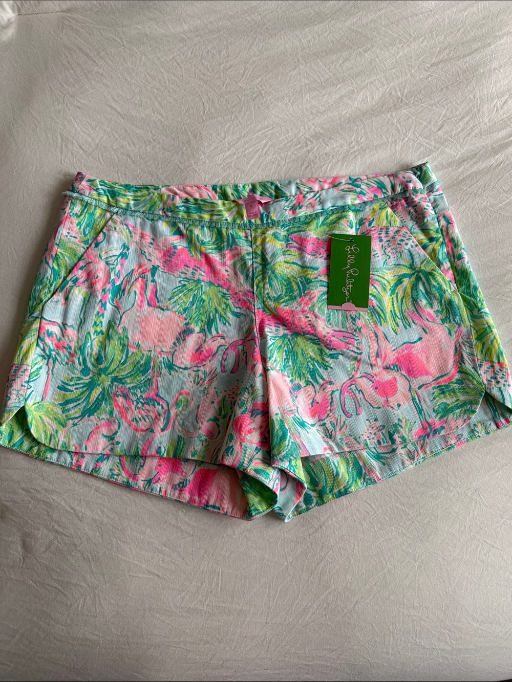 Lilly Pulitzer Pink, Green & Aqua Tropical Flamingo Print Shorts